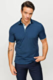 Erkek Polo Yaka Yakası ve Kolu Triko T-shirt Petrol