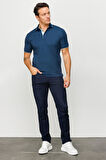 Erkek Polo Yaka Yakası ve Kolu Triko T-shirt Petrol