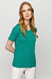 Kadın V Yaka Kaşkorse Pamuk T-shirt Yeşil