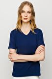 Kadın V Yaka Kaşkorse Pamuk T-shirt Lacivert