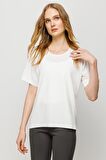 Kadın Sıfır Yaka Basic Penye T-shirt Kemik