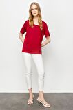 Kadın Sıfır Yaka Basic Penye T-shirt Bordo