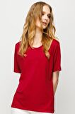 Kadın Sıfır Yaka Basic Penye T-shirt Bordo