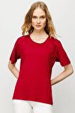 Kadın Sıfır Yaka Basic Penye T-shirt Bordo