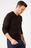 Erkek Basic V Yaka İnce Triko Kazak Koyu Kahve