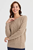 Kadın Sıfır Yaka Ortası Saç Örgü Yün Kazak K.Bej