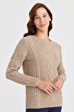 Kadın Sıfır Yaka Ortası Saç Örgü Yün Kazak K.Bej