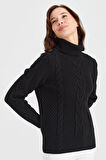 Kadın Tam Balıkçı Yaka Saç Örgü Yün Kazak Siyah