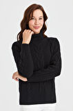 Kadın Tam Balıkçı Yaka Saç Örgü Yün Kazak Siyah