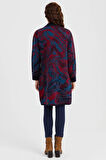 Kadın Dik Yaka Renkli Dalga Desenli Uzun Yün Kaban K.Lacivert