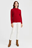 Kadın Dik Yaka Cebi ve Kolu Saç Örgü Yün Hırka K.Kırmızı