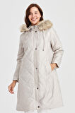 Kadın Kapüşonlu Kareli Uzun Kapitone Kaban Bej