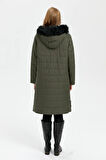 Kadın Kapüşonu Kürklü Uzun Kapitone Kaban Yeşil