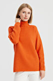 Kadın Tam Balıkçı Yaka Omuzu Saç Örgülü Yün Kazak Portakal