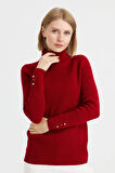 Kadın Tam Balıkçı Yaka Kol Ucu Düğmeli Yün Kazak K.Kırmızı