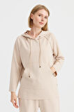 Kadın Kapüşonlu Yanı Çıtçıtlı Cepli Sweat Bej
