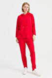 Kadın Kapüşonlu Yanı Çıtçıtlı Cepli Sweat Kırmızı