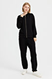 Kadın Kapüşonlu Fileli Yan Cepli Sweat Siyah