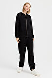 Kadın Kapüşonlu Fileli Yan Cepli Sweat Siyah
