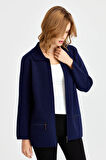 Kadın Polo Yaka Cebi Fermuarlı Yün Hırka Y.A Lacivert