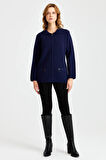 Kadın Polo Yaka Cebi Fermuarlı Yün Hırka Y.A Lacivert