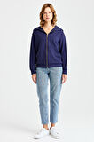Kadın Kapüşonlu Fileli Yan Cepli Sweat Lacivert