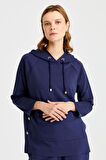 Kadın Kapüşonlu Yanı Çıtçıtlı Cepli Sweat Lacivert