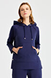 Kadın Kapüşonlu Yanı Çıtçıtlı Cepli Sweat Lacivert