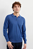 Erkek Basic Polo Yaka İnce Triko Kazak İndigo