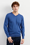 Erkek Basic V Yaka İnce Triko Kazak İndigo