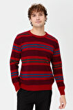 Erkek Sıfır Yaka Renkli Çizgili Klasik Yün Kazak K.Kırmızı