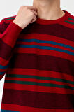 Erkek Sıfır Yaka Renkli Çizgili Klasik Yün Kazak K.Kırmızı