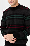 Erkek Yarım Balıkçı Yaka Renkli Çizgili Yün Kazak Siyah