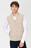 Erkek Dik Yaka Baklava Desenli Yün Yelek V.Bej