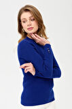 Kadın Sıfır Yaka Kol Ucu Düğmeli Yün Kazak K.S.Mavi