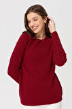 Kadın Sıfır Yaka Kolu Saç Örgü Yün Kazak V.Kırmızı