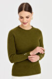 Kadın Sıfır Yaka Kol Ucu Düğmeli Yün Kazak A.K.Yeşili