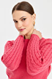 Kadın Sıfır Yaka Kolu Saç Örgü Yün Kazak Y.Ş.Pembe