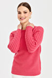 Kadın Sıfır Yaka Kolu Saç Örgü Yün Kazak Y.Ş.Pembe