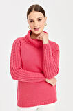 Kadın Degaje Yaka Kolu ve Yakası Saç Örgü Yün Kazak Y.Ş.Pembe