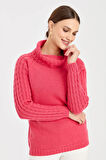 Kadın Degaje Yaka Kolu ve Yakası Saç Örgü Yün Kazak Y.Ş.Pembe