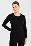 Kadın Likralı Uzun Kol Basic Sıfır Yaka Bluz Siyah