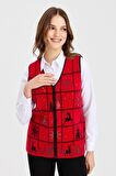 Kadın V Yaka Patchwork Yılbaşı Desenli Yelek Kırmızı