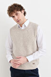Erkek Sıfır Yaka Klasik Yün Süveter V.Bej
