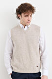 Erkek V Yaka Kalın Klasik Yün Süveter V.Bej