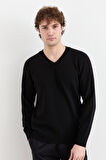 Erkek V Yaka Basic Yün Kazak Siyah