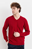Erkek V Yaka Basic Yün Kazak K.Kırmızı