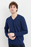 Erkek V Yaka Basic Yün Kazak İndigo
