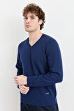 Erkek V Yaka Basic Yün Kazak İndigo