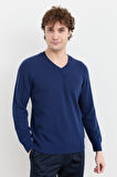 Erkek V Yaka Basic Yün Kazak İndigo